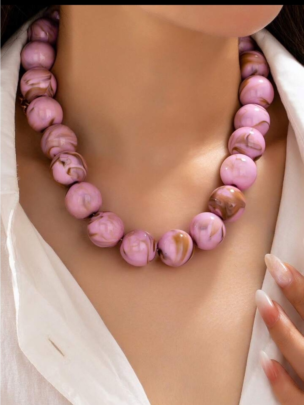New! Pink Marble Beaded Statement Gumball Dopamine Necklace - Women's Jewelry